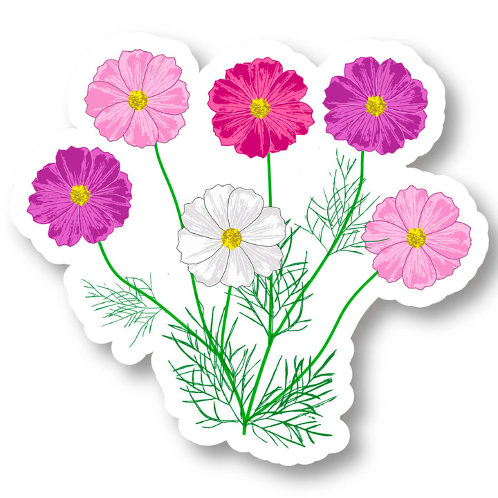 Sticker with pink, purple, and white flowers on a white background