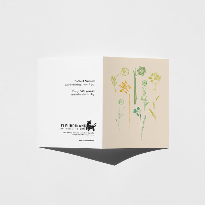 Greeting card with botanical illustrations on a white background