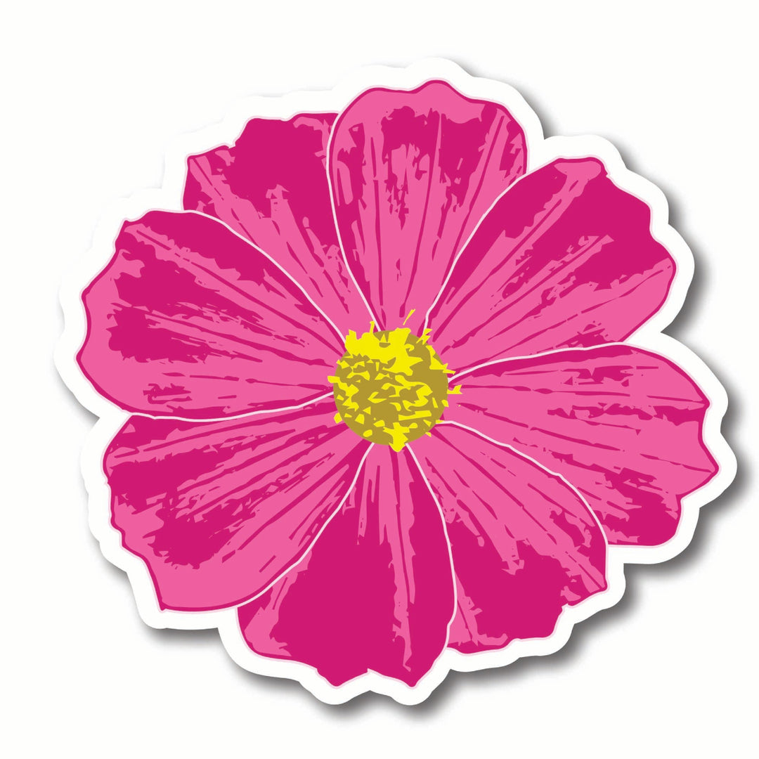 Sticker of a dark pink flower with a yellow center on a white background