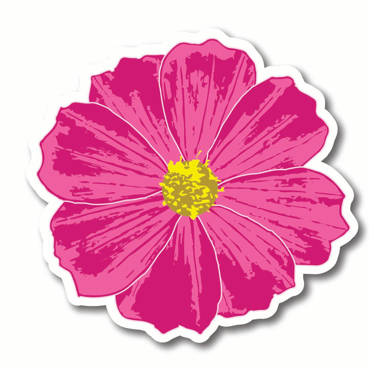 Sticker of a dark pink flower with a yellow center on a white background