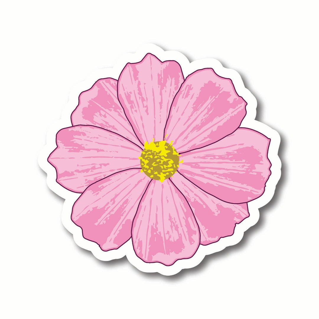 Sticker of a pink cosmos flower with a yellow center on a white background