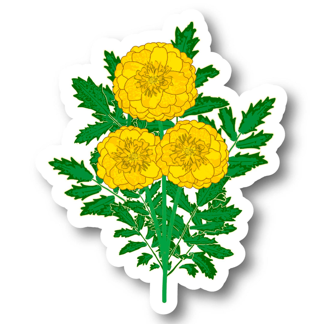Sticker with yellow flowers and green leaves on a white background