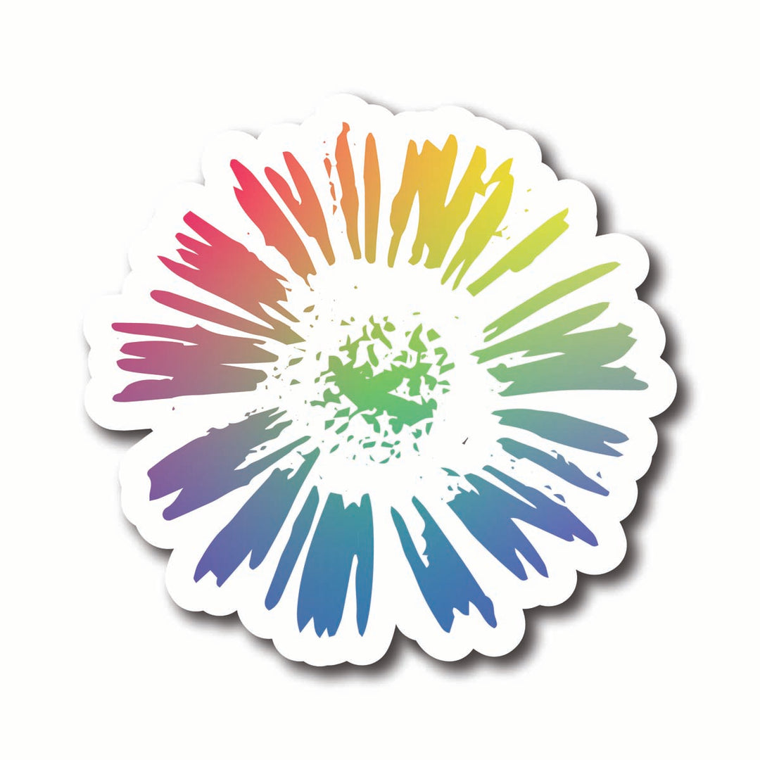 Colorful tie-dye floral sticker design on a white background