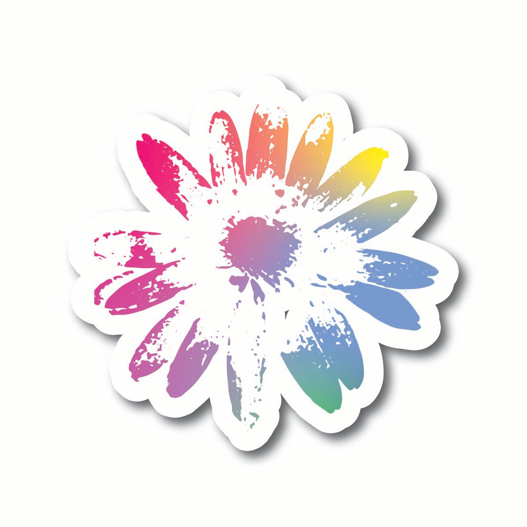 Colorful flower-shaped sticker with a white border on a white background