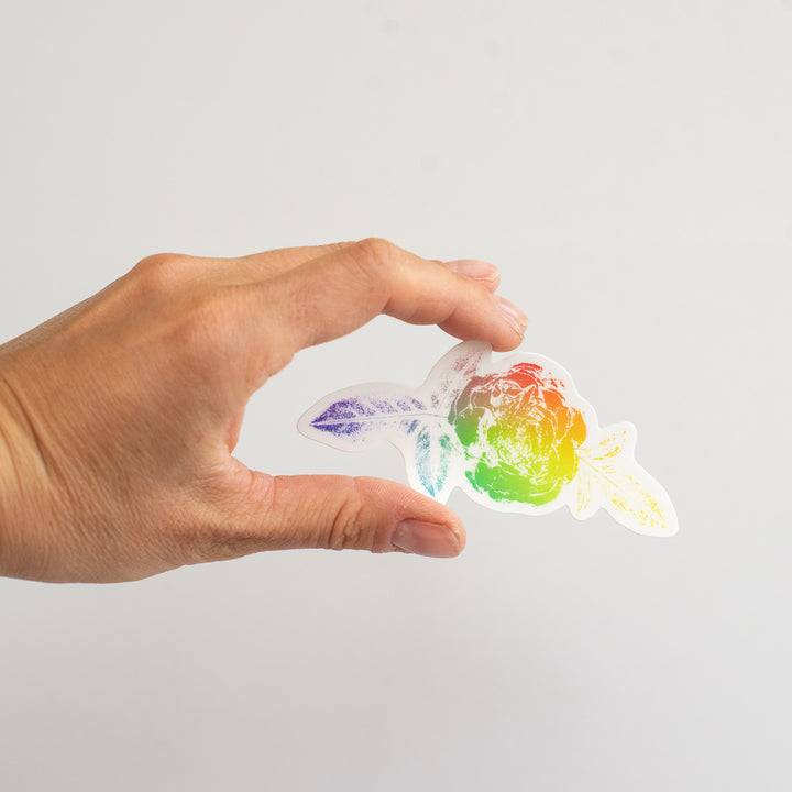 Hand holding a colorful vinyl sticker with a clear background