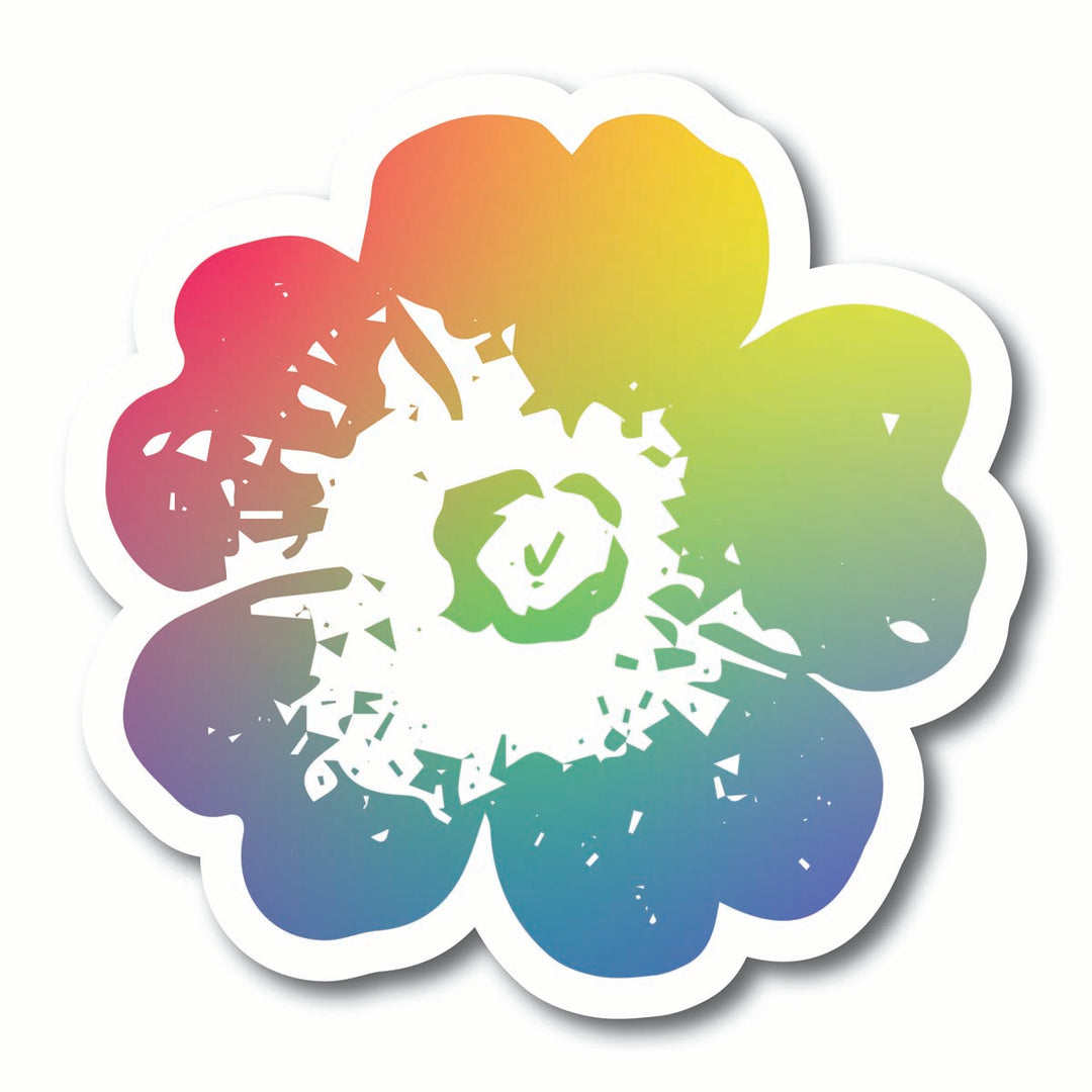 Colorful flower-shaped sticker with a rainbow gradient on a white background