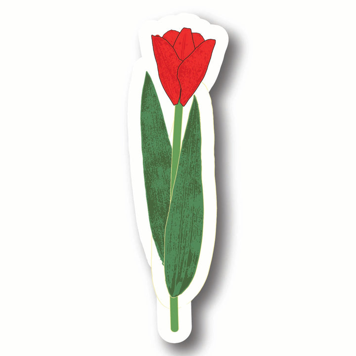 Sticker of a red tulip with green leaves on a white background