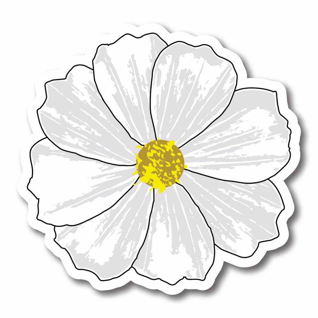 White cosmos flower sticker with a yellow center on a white background