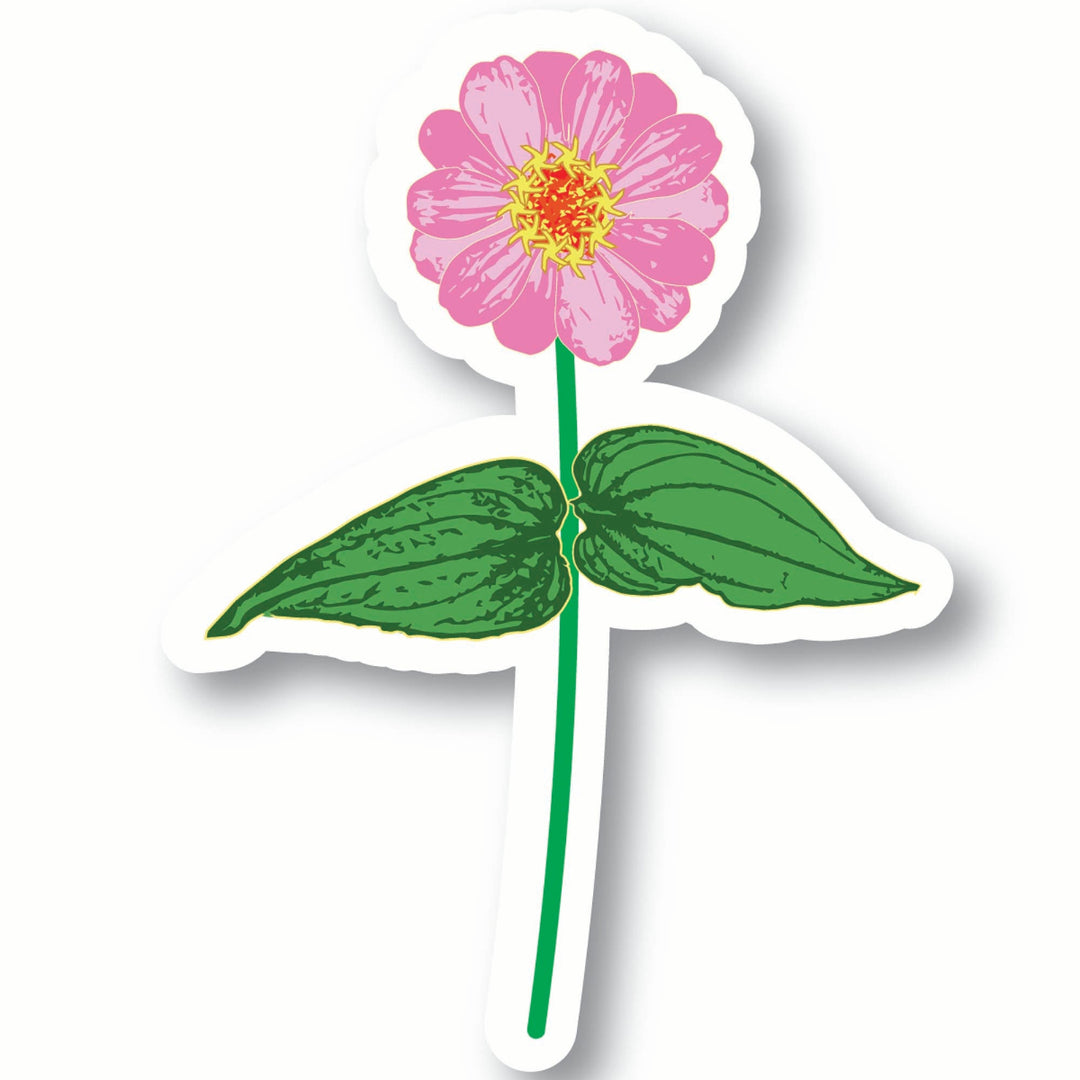 Sticker of a pink zinnia flower with green leaves on a white background
