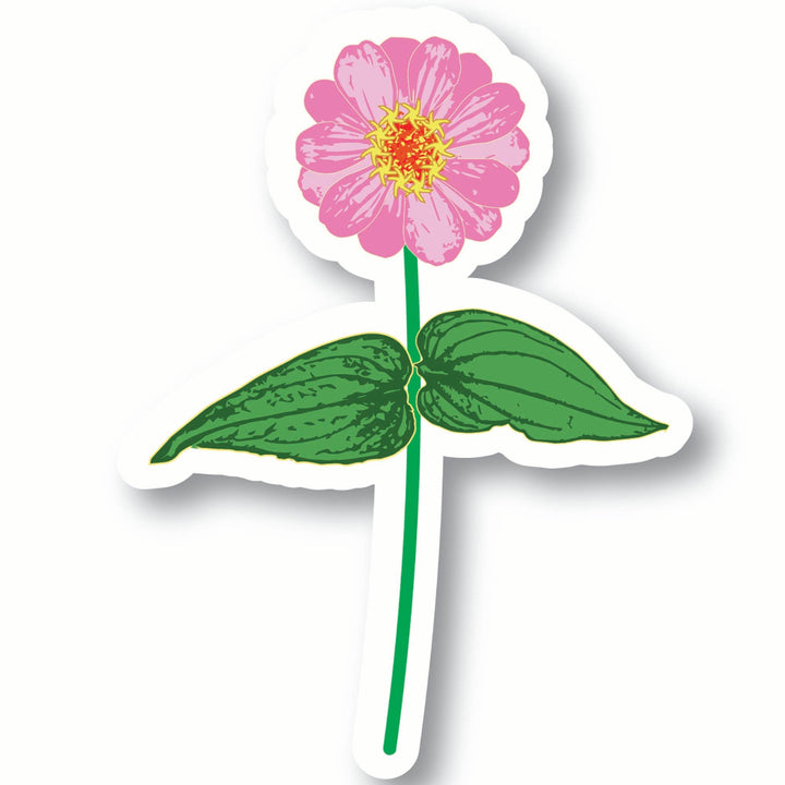Sticker of a pink zinnia flower with green leaves on a white background