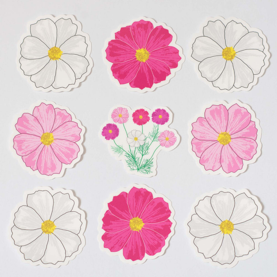 Set of floral stickers with pink, white, and yellow flowers on a light gray background.