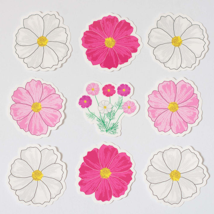 Set of floral stickers with pink, white, and yellow flowers on a light gray background.