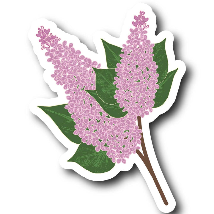Sticker of lilac flowers and green leaves on a white background