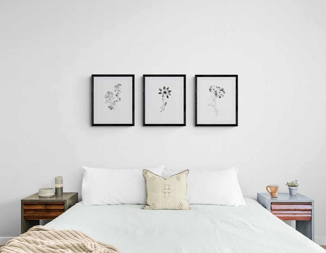 three black and white floral art prints above a bed on a white wall